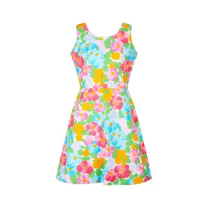 1960s Textured Cotton Bright Floral Print A-Line Dress