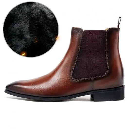 7CM / 2.76Inches - CMR CHAMARIPA Men's Elevator Shoes Brown Fur Lined Warm Chelsea Boots Winter Elevator Boots