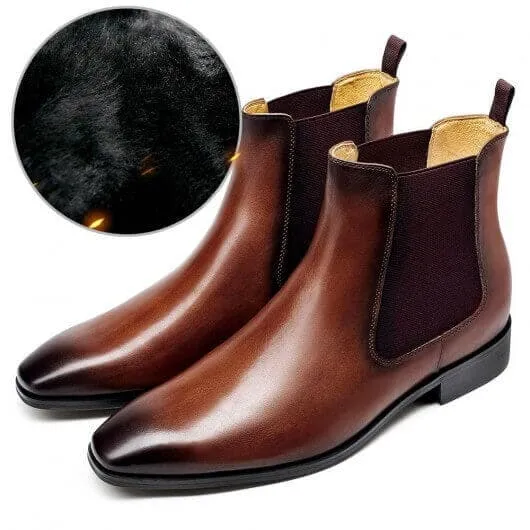 7CM / 2.76Inches - CMR CHAMARIPA Men's Elevator Shoes Brown Fur Lined Warm Chelsea Boots Winter Elevator Boots