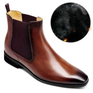 7CM / 2.76Inches - CMR CHAMARIPA Men's Elevator Shoes Brown Fur Lined Warm Chelsea Boots Winter Elevator Boots