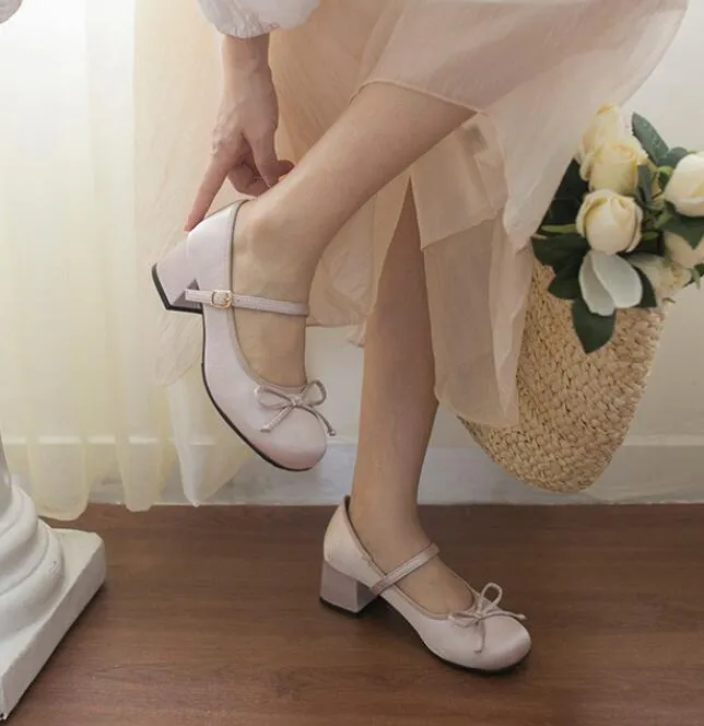 Advbridge Classic Pink Silk Ballet Shoes Buckle Strap Ballet Shoes Women Round Toe Bowtie Women Thick Heel Elegant Valentine Shoes