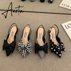 Aiertu Bow Sandals Women Summer Pointed Low Heel Sandals Women Fashion Baotou Thin Strap Sandals High Heels Sandalias De Mujer HOT NOW