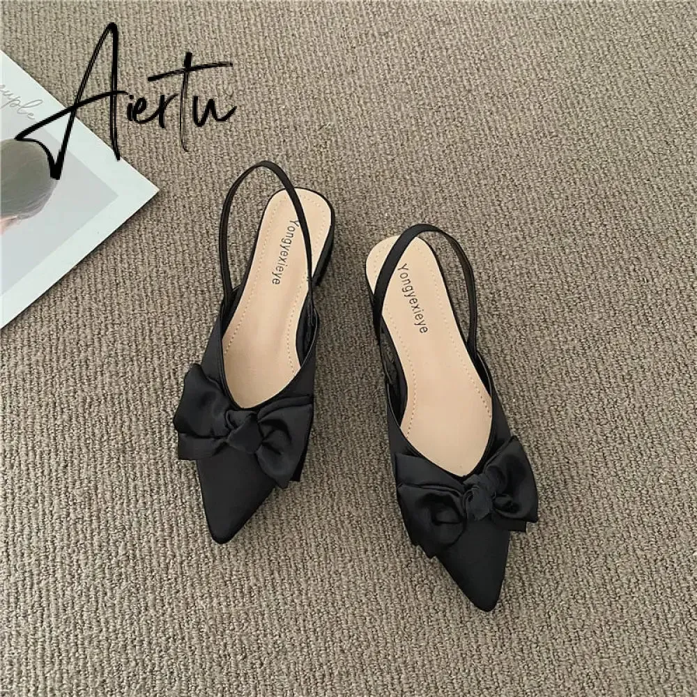 Aiertu Bow Sandals Women Summer Pointed Low Heel Sandals Women Fashion Baotou Thin Strap Sandals High Heels Sandalias De Mujer HOT NOW