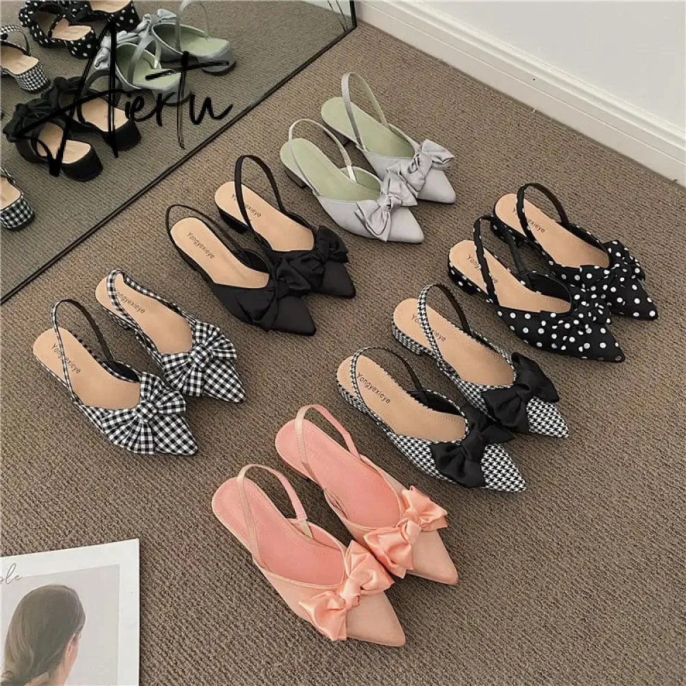 Aiertu Bow Sandals Women Summer Pointed Low Heel Sandals Women Fashion Baotou Thin Strap Sandals High Heels Sandalias De Mujer HOT NOW