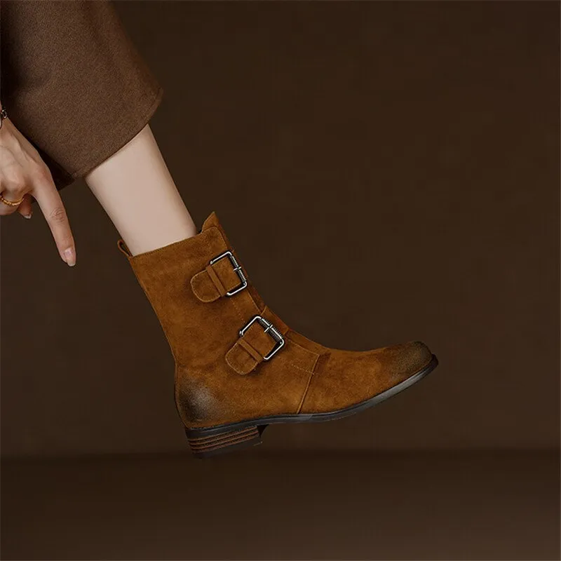 Amozae 2022 Autumn Winter Round Toe Women Boots Chunky Heel Shoes For Women Short Boots Belt Buckle Low Heels Sheep Suede Knight Boots