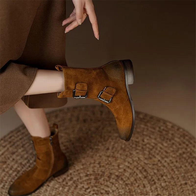 Amozae 2022 Autumn Winter Round Toe Women Boots Chunky Heel Shoes For Women Short Boots Belt Buckle Low Heels Sheep Suede Knight Boots