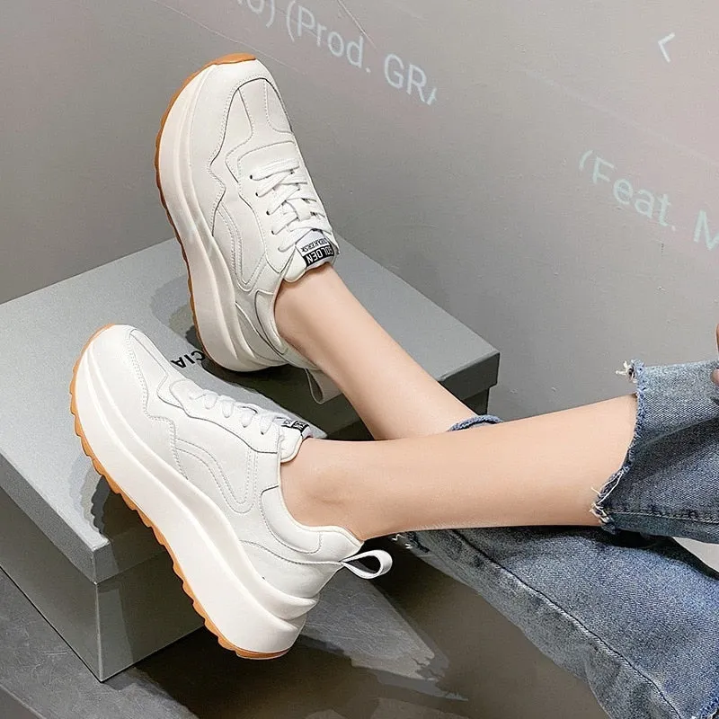 Amozae 2022 Fashion Women Shoes Platform Sneakers Ladies Lace-Up Casual Shoes Breathable Walking Shoes White Flat Sneaker