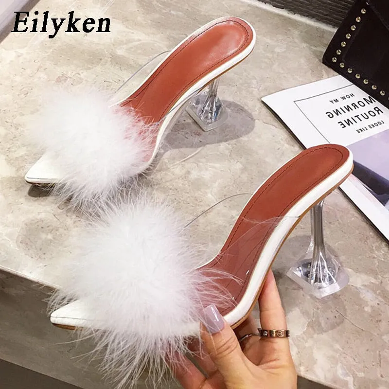 Amozae- 2024 New PVC shoes Woman Feather Transparent High heels Fur Pumps Slippers Women Peep toe Mules Lady Pumps Slides White