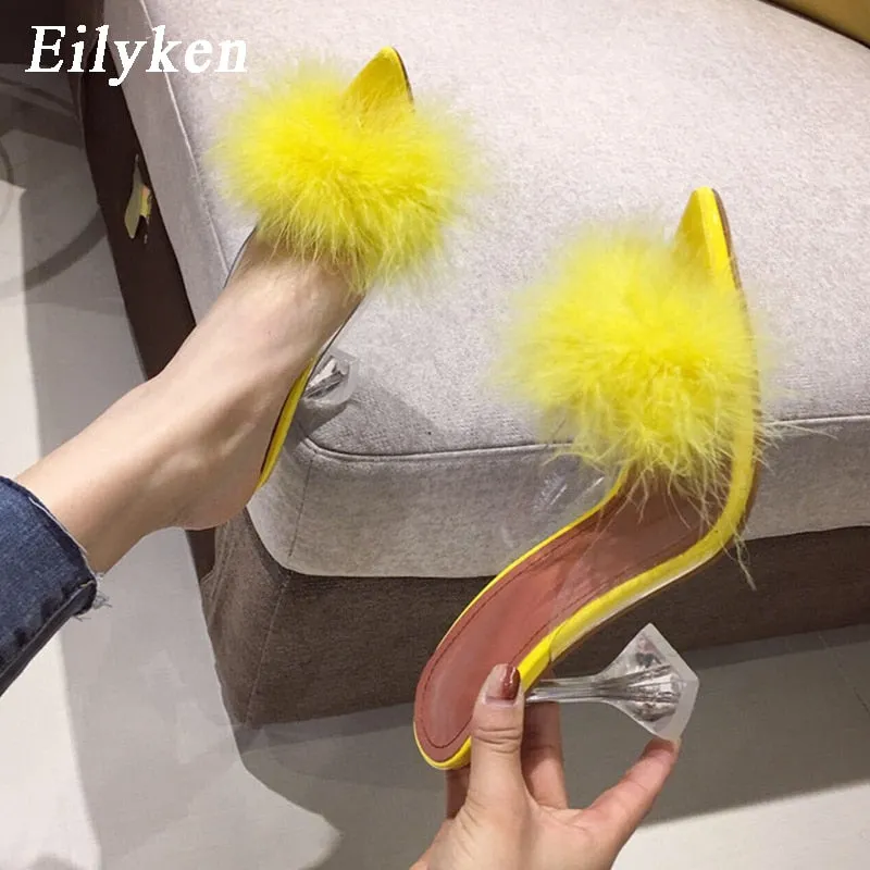 Amozae- 2024 New PVC shoes Woman Feather Transparent High heels Fur Pumps Slippers Women Peep toe Mules Lady Pumps Slides White