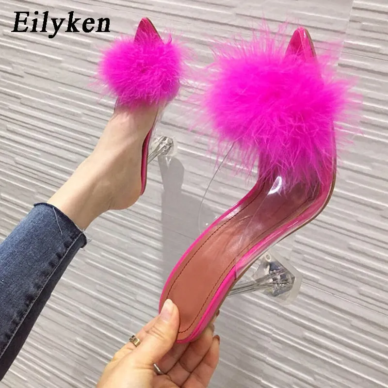 Amozae- 2024 New PVC shoes Woman Feather Transparent High heels Fur Pumps Slippers Women Peep toe Mules Lady Pumps Slides White