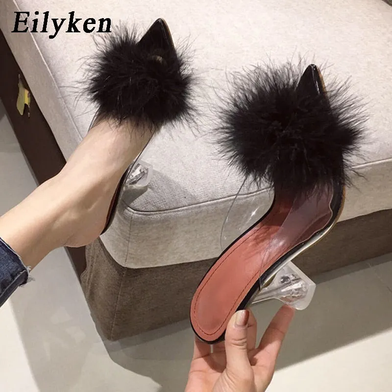 Amozae- 2024 New PVC shoes Woman Feather Transparent High heels Fur Pumps Slippers Women Peep toe Mules Lady Pumps Slides White