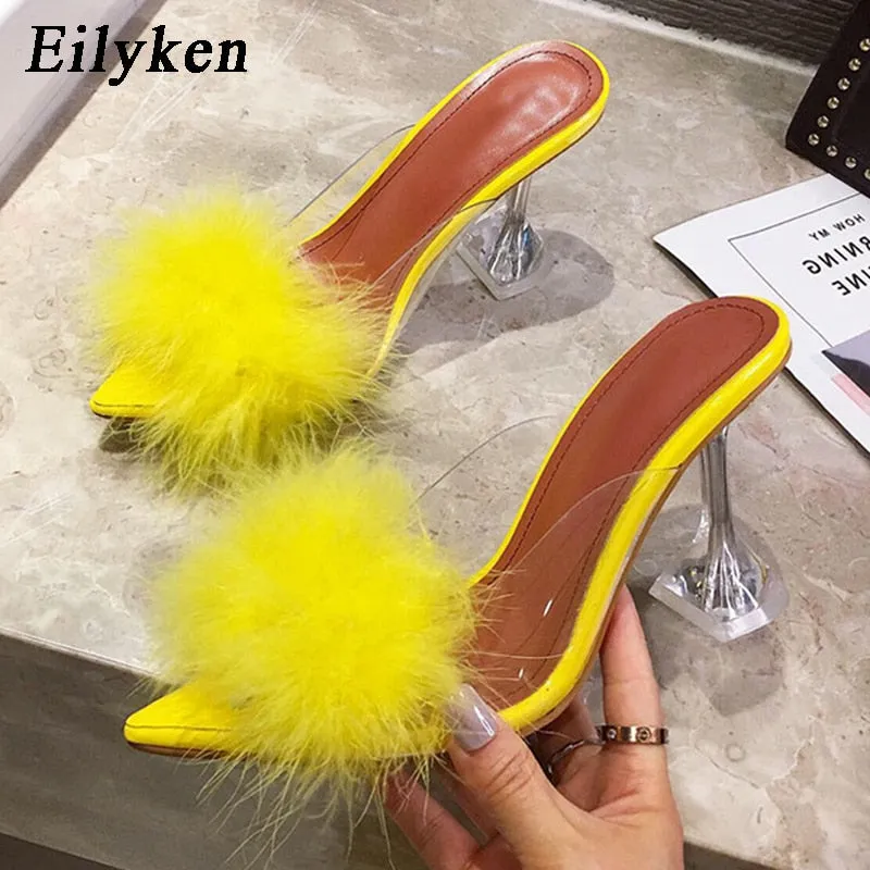 Amozae- 2024 New PVC shoes Woman Feather Transparent High heels Fur Pumps Slippers Women Peep toe Mules Lady Pumps Slides White