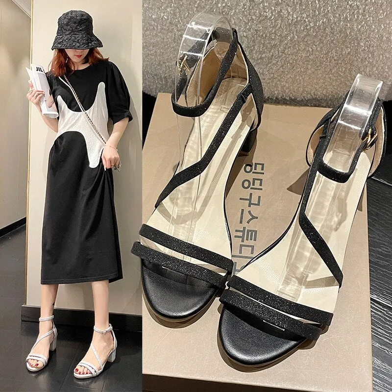 Amozae Buckle Strap Summer Beige Heeled Sandals Retro Woman Shoes All-Match Med Black Original High New Clear Comfort Rhinestone B