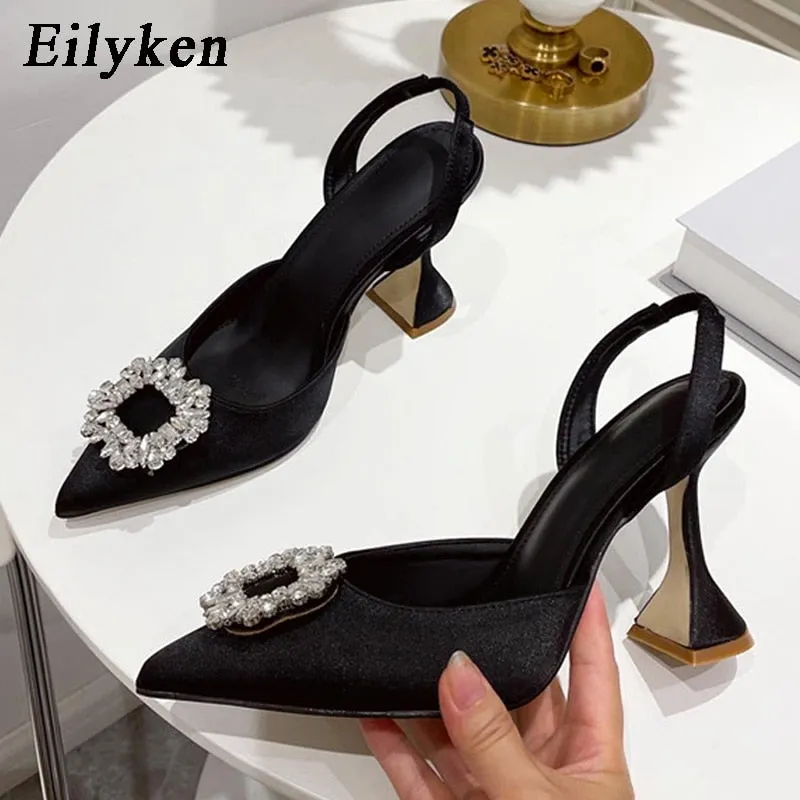 Amozae- Fashion Brand Women Pumps Crystal Slingback Summer Pointed Toe Comfortable Triangle Heeled Party Wedding Bride Shoes