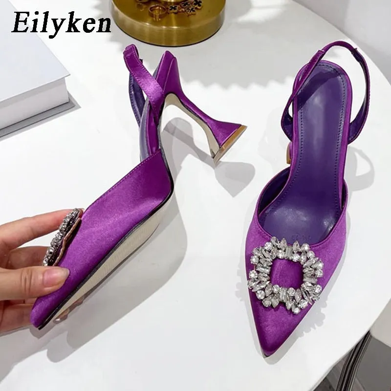 Amozae- Fashion Brand Women Pumps Crystal Slingback Summer Pointed Toe Comfortable Triangle Heeled Party Wedding Bride Shoes