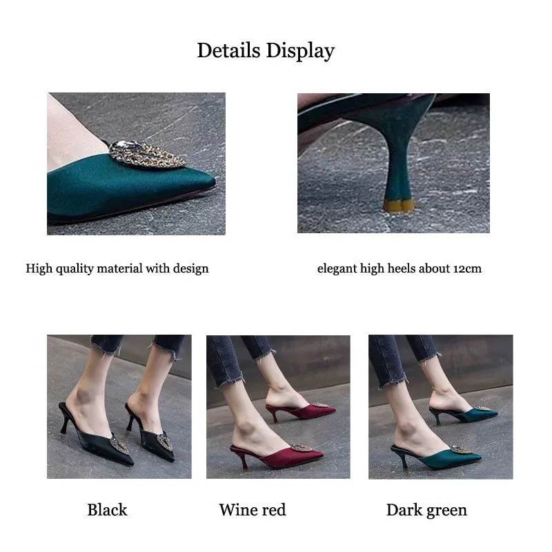 Amozae-Graduation Gift Big Sale Flock Women Pumps Summer Mid-heel Shoes Stiletto Pointed Toe Rhinestone Decoration Luxury Sandals Ladies Sandalia Feminina Mules