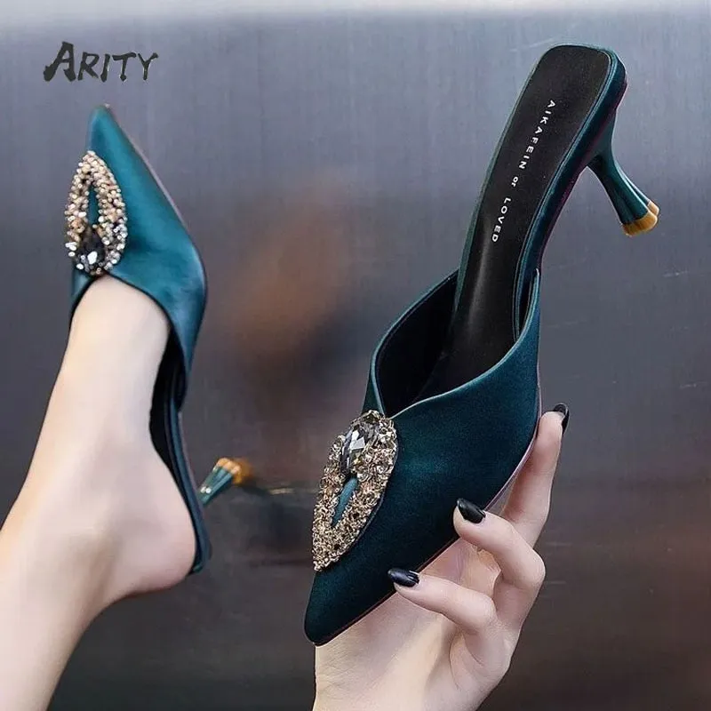 Amozae-Graduation Gift Big Sale Flock Women Pumps Summer Mid-heel Shoes Stiletto Pointed Toe Rhinestone Decoration Luxury Sandals Ladies Sandalia Feminina Mules