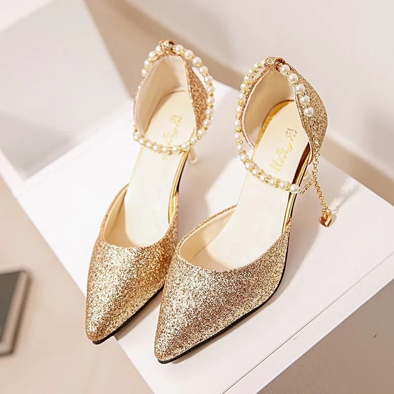 Amozae-Graduation Gift Big Sale     Pointed Toe Wedding Bride High Heels Shoes Female Low Small Heel Sandals Party Office Gold Silver Women Pumps