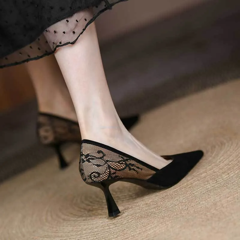 Amozae Lace Women's Stiletto Retro Pointed Splicing Thin Heel Ladies Pumps New   Fashion Shallow Mouth Female Single Shoes