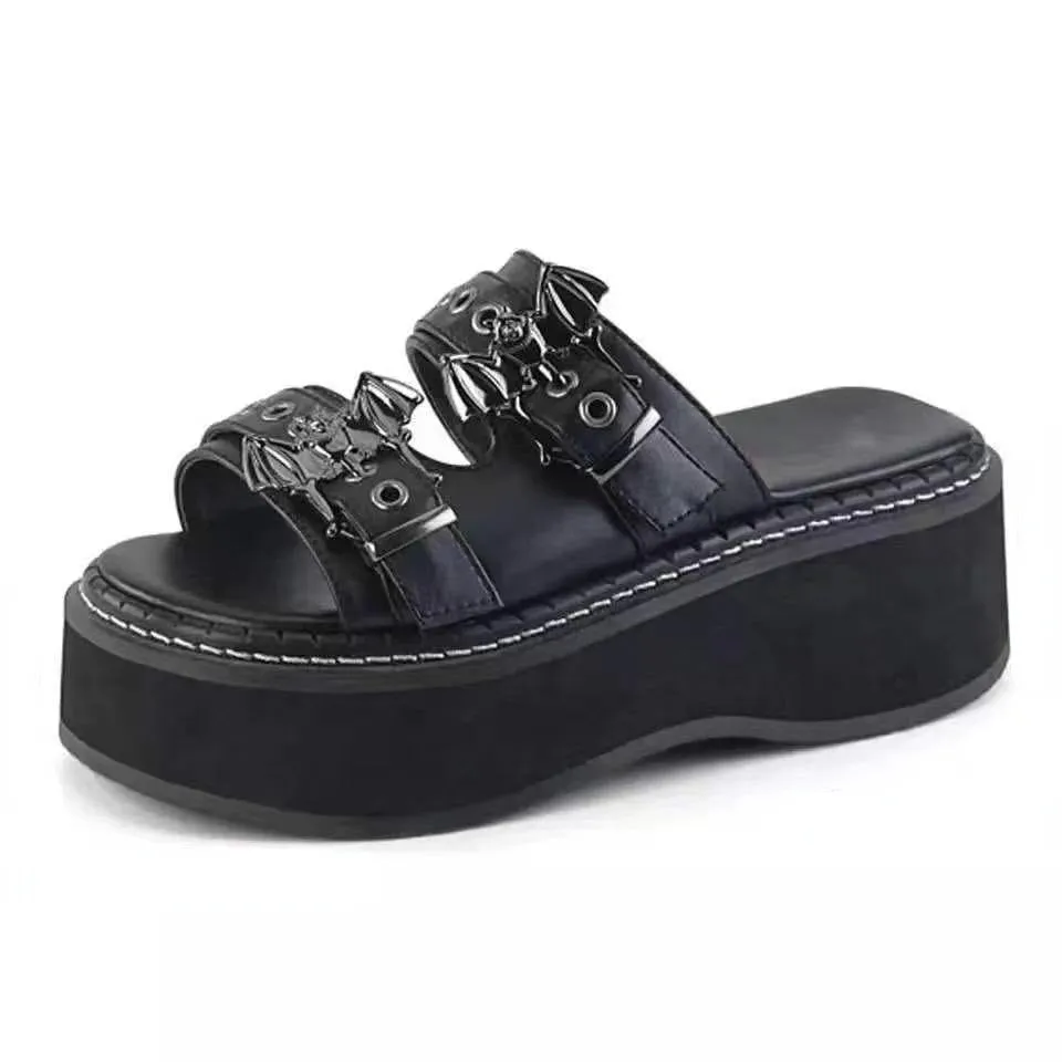 Amozae  Large Size Women Summer Slippers Shoes Woman Black Gothic Punk Round Toe Platform Sandals Shoes Female Heel Slide Wedges Sandal