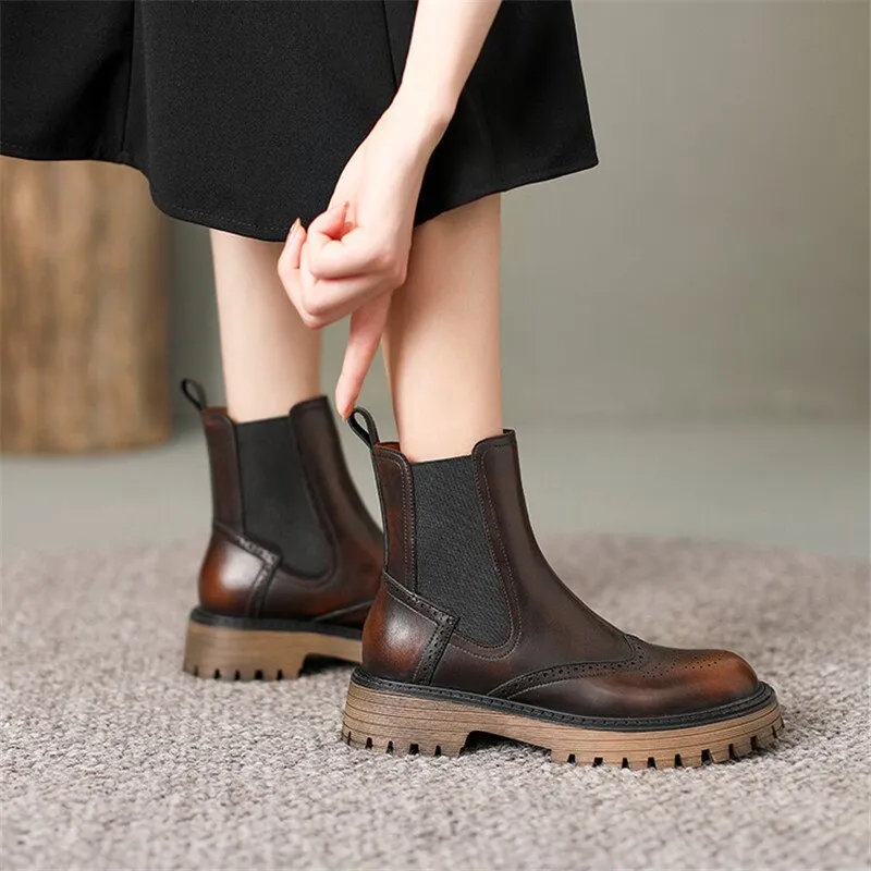 Amozae New Autumn Winter Round Toe Boots Women Chunky Heel Split Leather Shoes For Women Short Boots Bullock Ankle Boots Platform Heels