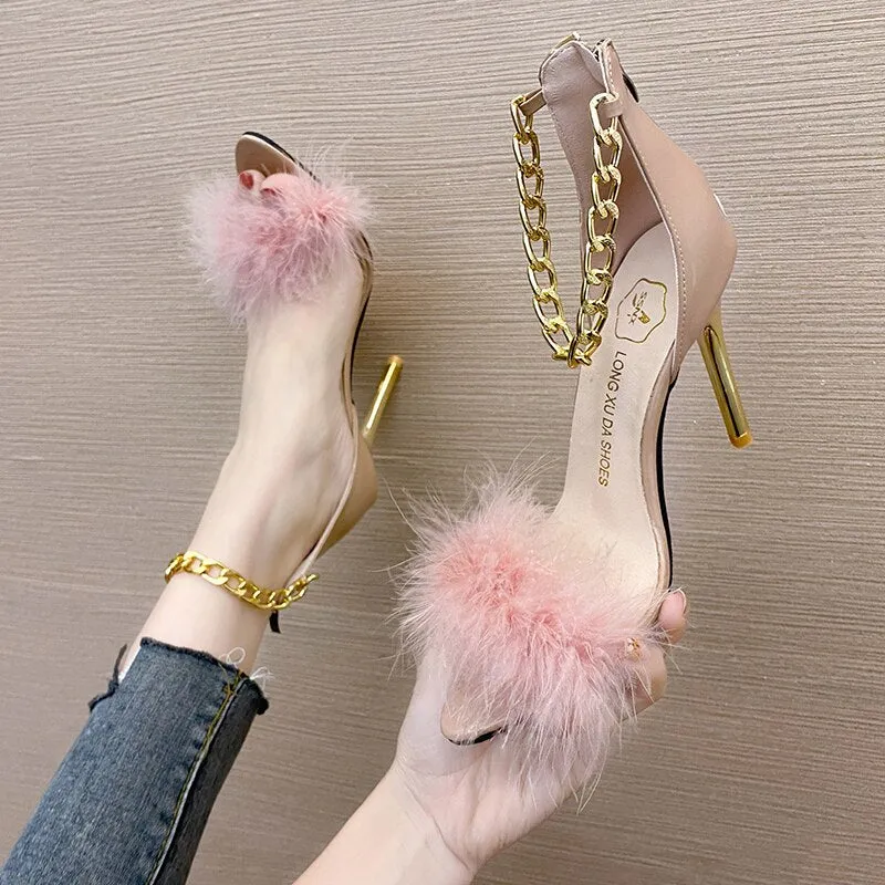 Amozae Plus Size 43   Pointed Toe Feather High Heel Sandals Decoration Metal Chain Stiletto Nightclub Women Shoes Open Toe Shoes