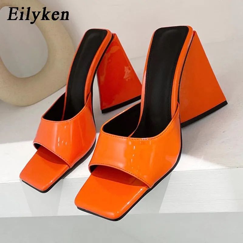 Amozae- Summer Orange Black Triangle Thick heel Slippers   Street Woman Party Peep toe Dress shoes size 35-41