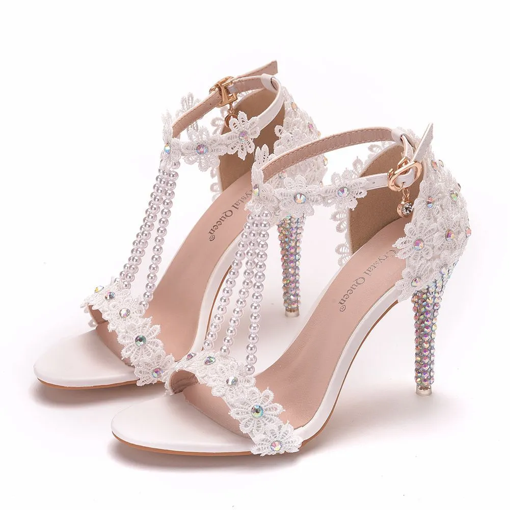 Amozae  White Thin High Heels Women Sandals Beading Ankle Strap Sandals Shoes Woman Ladies Open Toe Dress Party Wedding Shoes H0005