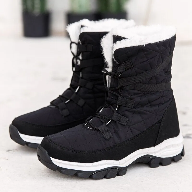 Amozae Women Boots Warm Winter Mid-Calf Waterproof Ladies Booties Black Plus Size PU Leather Boots Women Botas Mujer Platform Heels