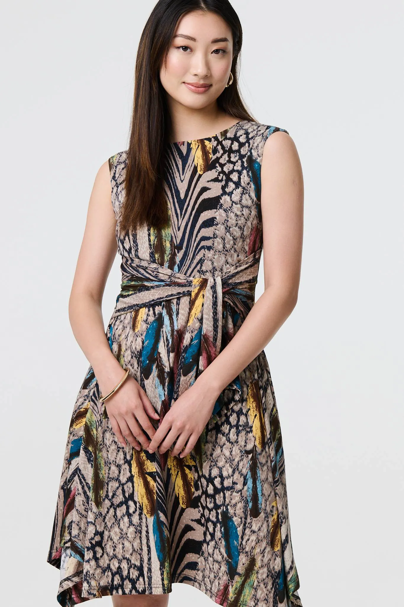 Animal Print Tie Waist Knee Length Dress