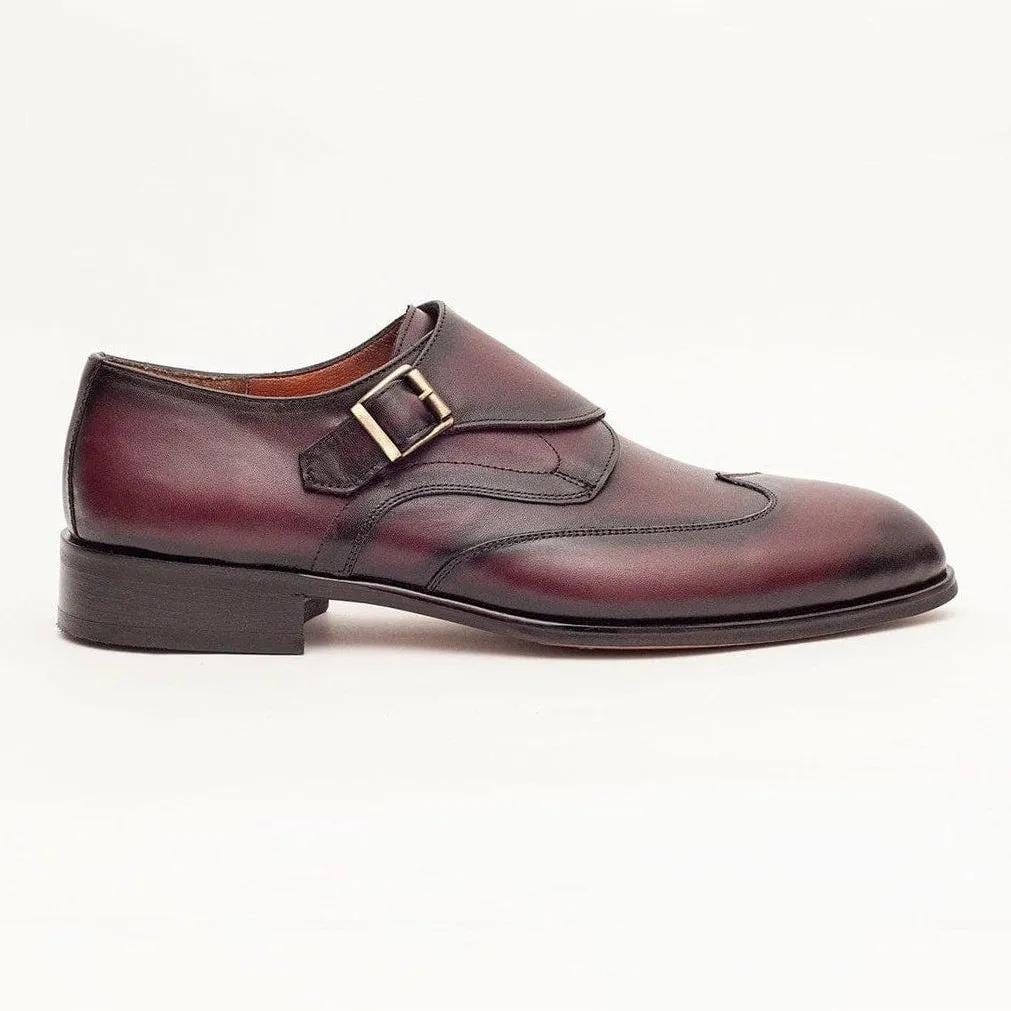 Ariston Mens Burgundy Single Monk Strap Leather Dress Shoes