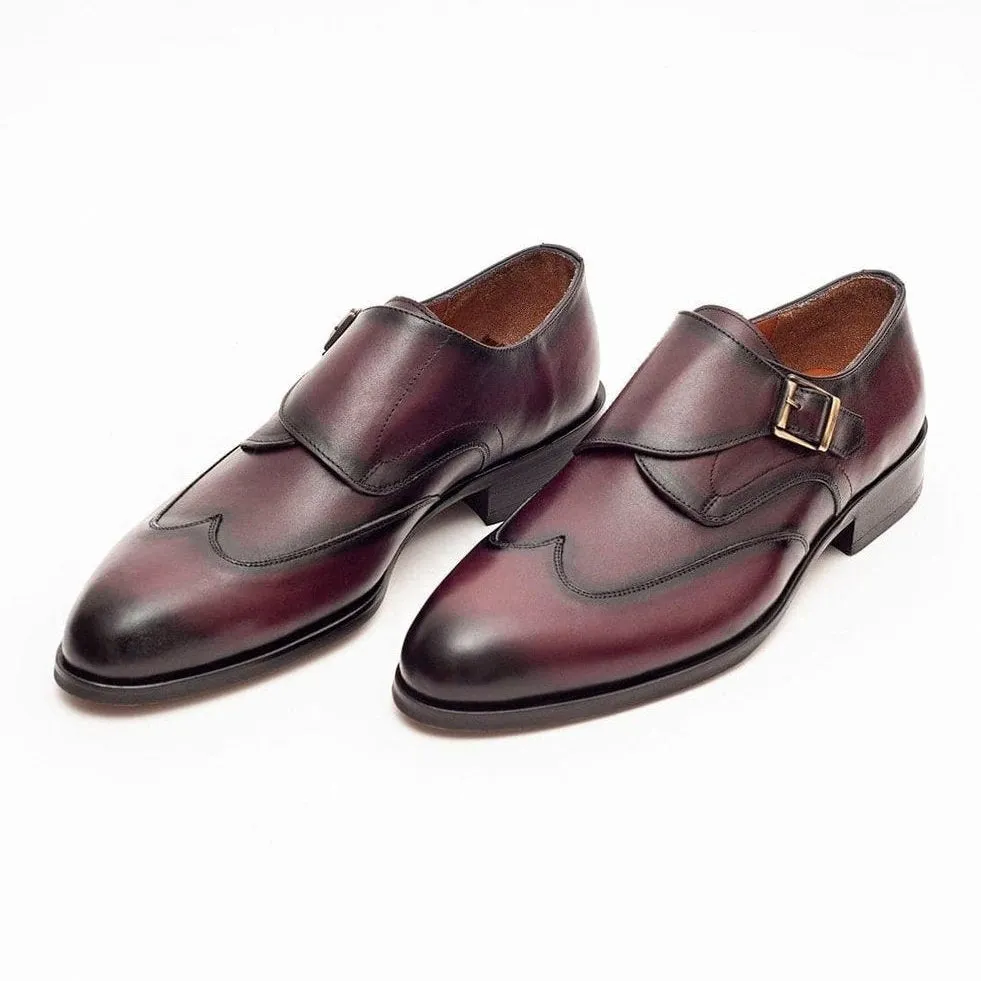 Ariston Mens Burgundy Single Monk Strap Leather Dress Shoes