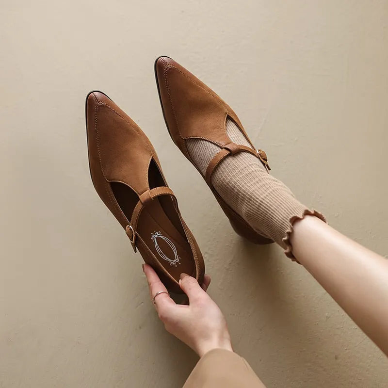 Back to school 2023 new Spring women pumps natural leather 22-24.5cm length sheepskin t-tied pointed toe Buckle Mary Jane shoes T-strap