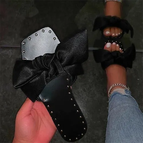 Back  To School Outfit  Amozae Summer Women Bowtie Slippers Women's Silk Flat Woman Rivet Ladies Open Toe Slides New Female Non Slip Elegant Shoes Plus Size