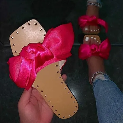 Back  To School Outfit  Amozae Summer Women Bowtie Slippers Women's Silk Flat Woman Rivet Ladies Open Toe Slides New Female Non Slip Elegant Shoes Plus Size