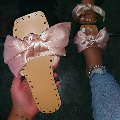 Back  To School Outfit  Amozae Summer Women Bowtie Slippers Women's Silk Flat Woman Rivet Ladies Open Toe Slides New Female Non Slip Elegant Shoes Plus Size