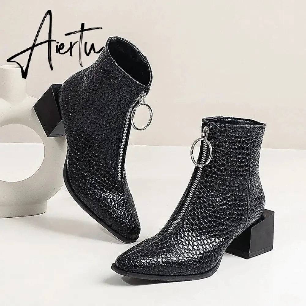 Big Size 34-48 Ankle Boots Women Silver Black Front Zipper Short Boots Ladies Thick Chunky Medium Heel Biker Boot Shoes