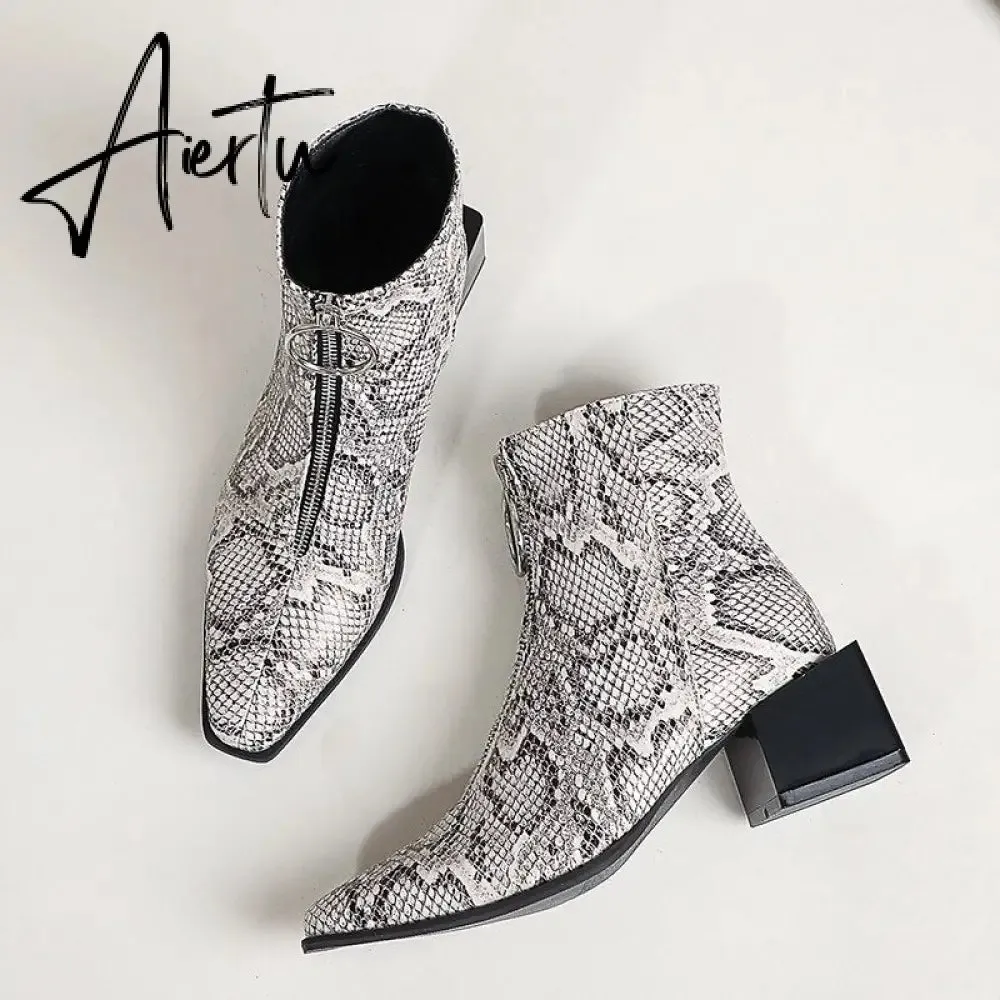 Big Size 34-48 Ankle Boots Women Silver Black Front Zipper Short Boots Ladies Thick Chunky Medium Heel Biker Boot Shoes