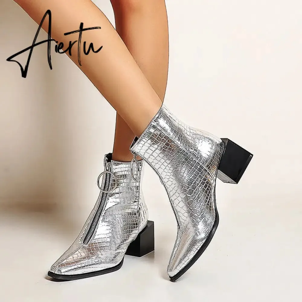 Big Size 34-48 Ankle Boots Women Silver Black Front Zipper Short Boots Ladies Thick Chunky Medium Heel Biker Boot Shoes