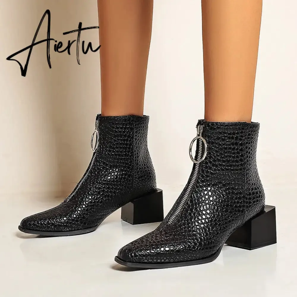 Big Size 34-48 Ankle Boots Women Silver Black Front Zipper Short Boots Ladies Thick Chunky Medium Heel Biker Boot Shoes