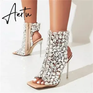 Brand Design New Crystal/rivet Zipper Sandals Stage Banquet Nightclub High Heels Women Shoes Apricot Silver Dress Matching