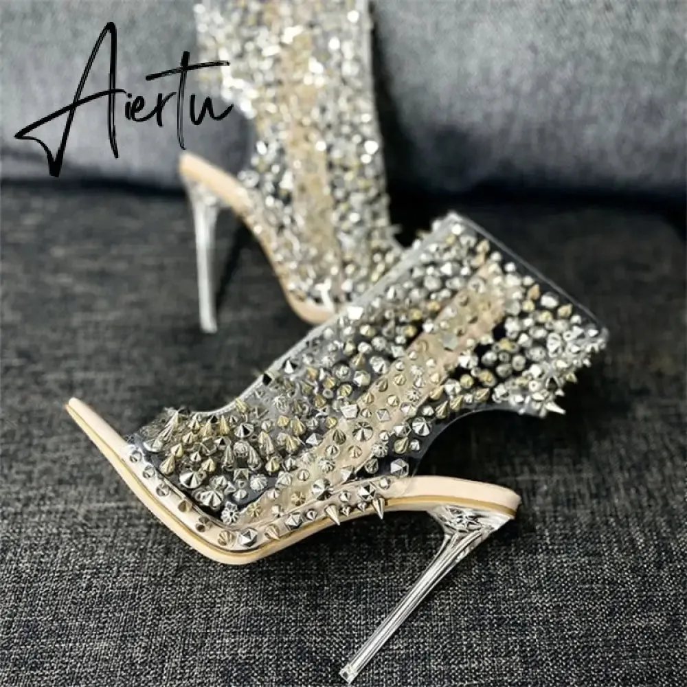 Brand Design New Crystal/rivet Zipper Sandals Stage Banquet Nightclub High Heels Women Shoes Apricot Silver Dress Matching