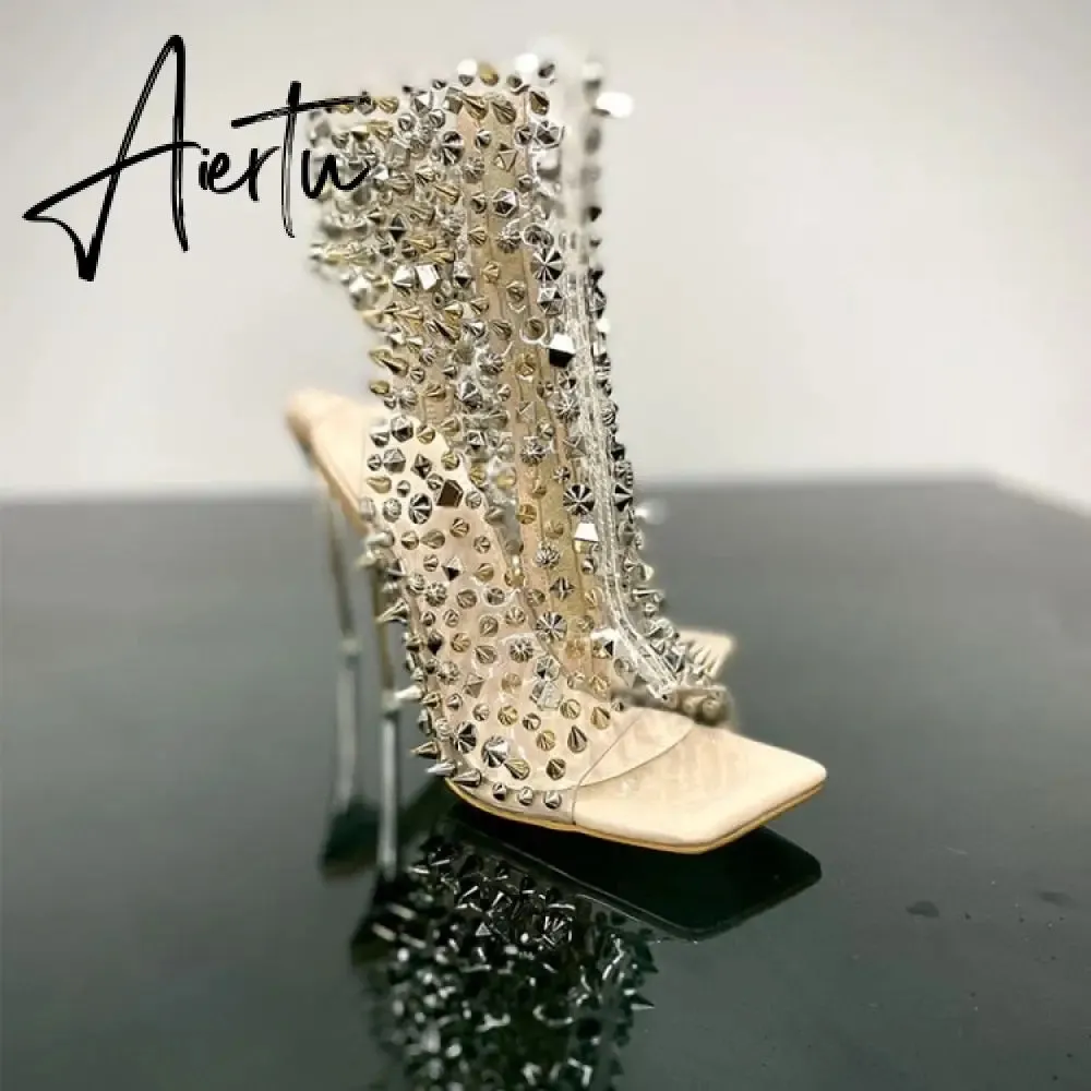 Brand Design New Crystal/rivet Zipper Sandals Stage Banquet Nightclub High Heels Women Shoes Apricot Silver Dress Matching