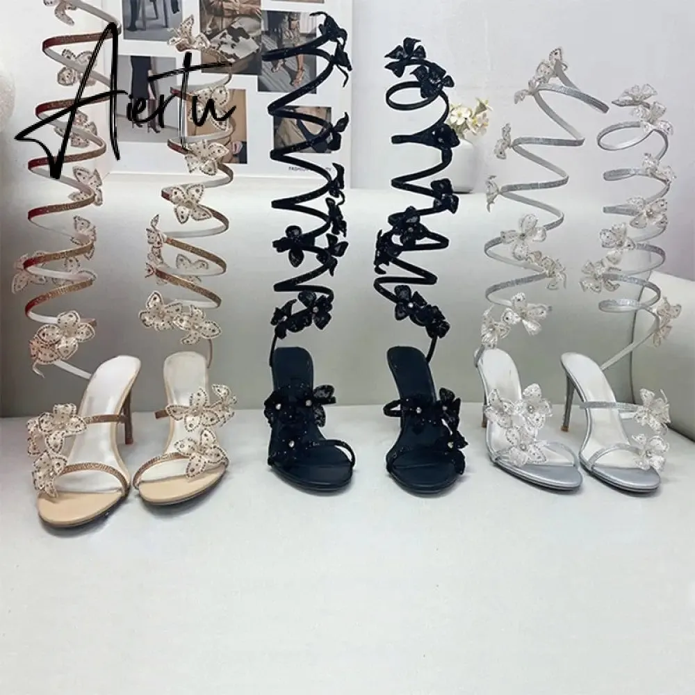 Brand Dress Runway Crystal Pendant Sandals Snake-shaped Ribbon Sexy 9.5cm High Heel Roman Open-toe Hollow High-top Cool Boots Shoes