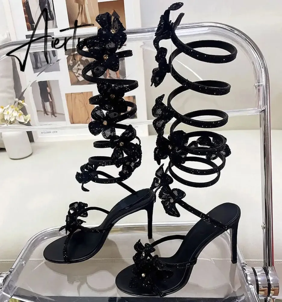 Brand Dress Runway Crystal Pendant Sandals Snake-shaped Ribbon Sexy 9.5cm High Heel Roman Open-toe Hollow High-top Cool Boots Shoes