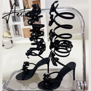 Brand Dress Runway Crystal Pendant Sandals Snake-shaped Ribbon Sexy 9.5cm High Heel Roman Open-toe Hollow High-top Cool Boots Shoes