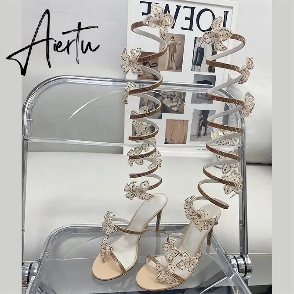 Brand Dress Runway Crystal Pendant Sandals Snake-shaped Ribbon Sexy 9.5cm High Heel Roman Open-toe Hollow High-top Cool Boots Shoes