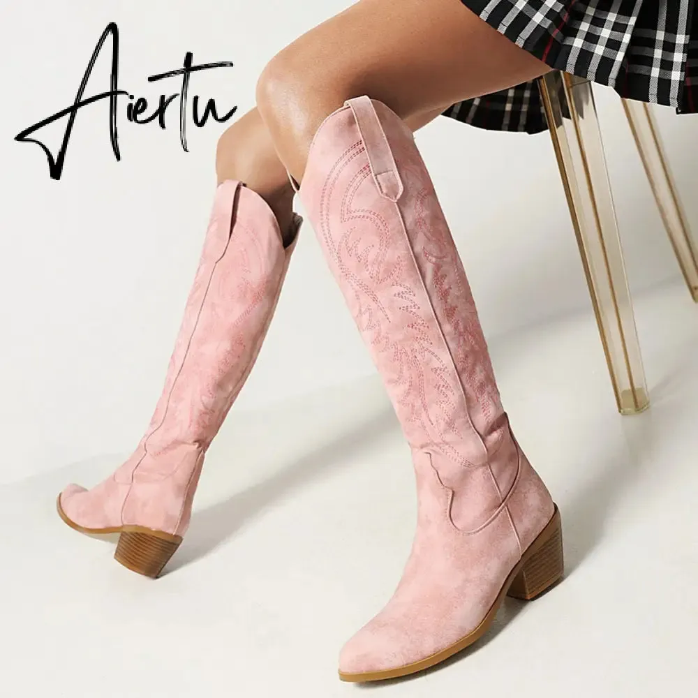 Brand New Big Size 45 Female Western mid calf Boots Chunky Heels Slip On Autumn Winter Cowboy Boots Women Retro Shoes For Woman