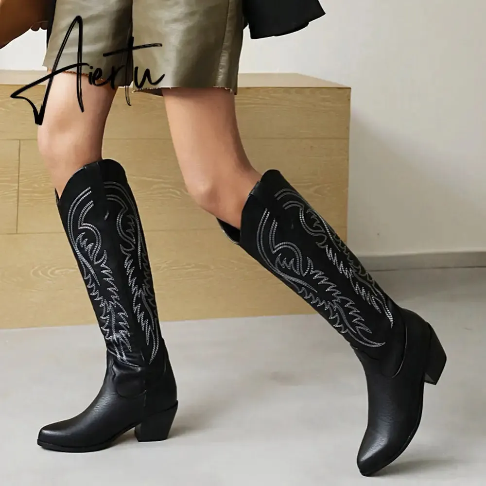 Brand New Big Size 45 Female Western mid calf Boots Chunky Heels Slip On Autumn Winter Cowboy Boots Women Retro Shoes For Woman