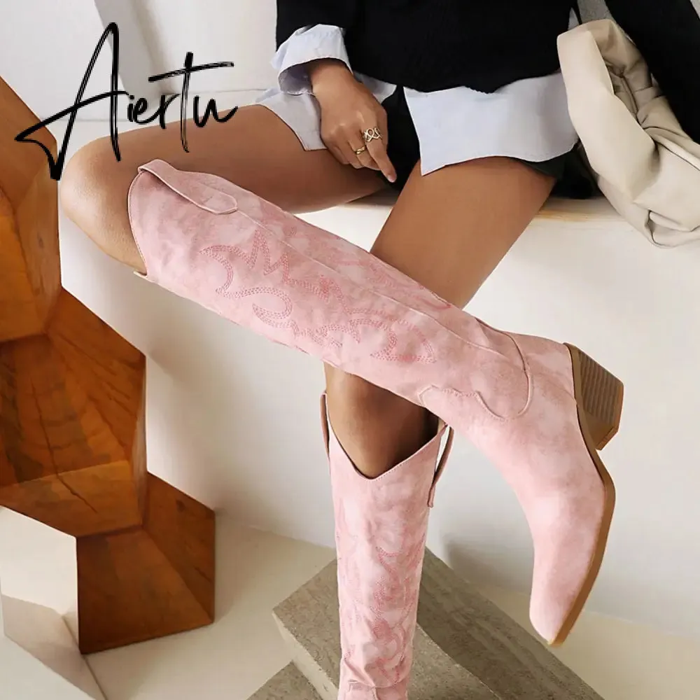 Brand New Big Size 45 Female Western mid calf Boots Chunky Heels Slip On Autumn Winter Cowboy Boots Women Retro Shoes For Woman